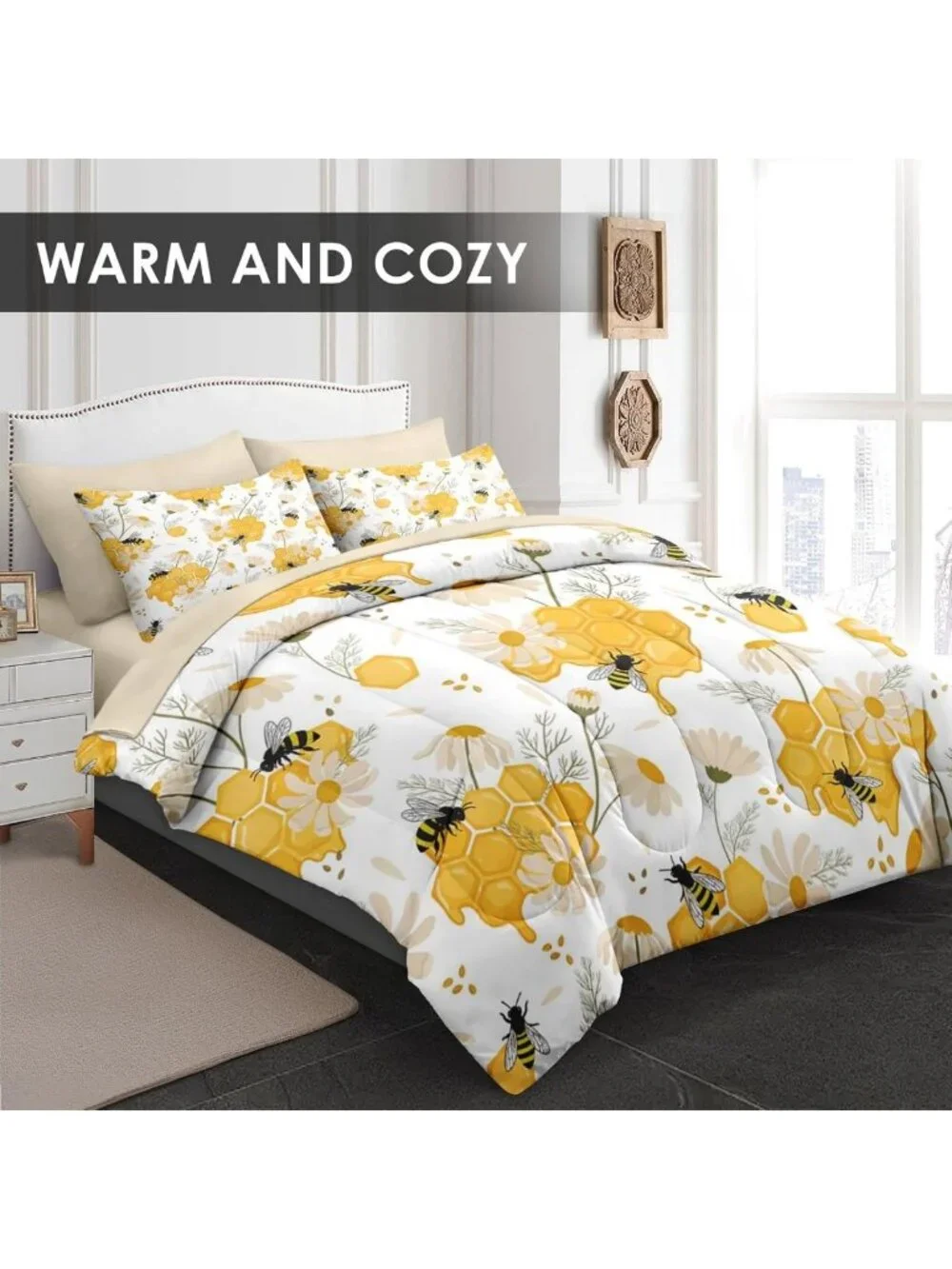 Cozy 7-Piece Bees Honey Comforter Set with Sheets - Stylish Bedding Ensemble